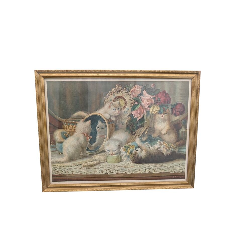 Cat Print The Five Senses H.G. Plumb Gold Wood Gilt Frame White Kittens Cat Art